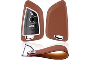 Kwak's Ochronna osłona kluczyka samochodowego PC etui na klucze kolor makaroniczny kompatybilny z BMW serii 5 serii 7 X1 X3 X5 X6 3/4 przycisk kluczyk samochodowy ze skórzanym brelokiem - brązowy