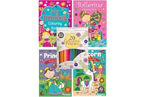 BARGAIN GATEWAY BG Girls Colouring & Activity Gift Set Princess Ballerina Unicorn - 4 Books & 20 Colouring Pencils