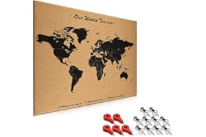 Navaris Tableau d'affichage en liège - Panneau mural 70 x 50 cm avec 15 punaises rouges et argentées incluses - Tableau mémo design carte du monde