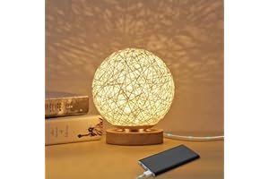 DEECOZY Rotin Lumière de Nuit, Lampe de table en bois avec abat-jour tissé à la main, USB rechargeable, Lampe d'Ambiance de Chambre en Rotin et Bois pour chambre à coucher, salon, Blanc