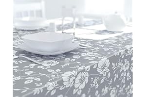 Dehaus® Wipe Clean Table Cloth - M Grey Floral Bloom - Wipe Clean PVC Oilcloth Table Cover - Rectangular Plastic Vinyl Tablecloth - Water Resistant & Easy To Clean - Kitchen or Dining Table Protector