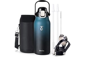 Trebo Insulated Water Bottle with Straw 2L, Stainless Steel Water Bottle with Straw Two Lids Handle Carrying Pouch Wide Mouth Double-Walled Bottle Keeps Cold for 48h/Hot for 24h, Indigo Black