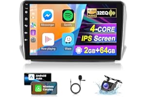 NHOPEEW Autoradio Android 2+64G pour Peugeot 2008/208 2012-2018 avec Carplay et Android Auto - Radio de voiture de 9 pouces compatible WiFi GPS Commande au volant Thèmes multiples + Caméra de recul et micro