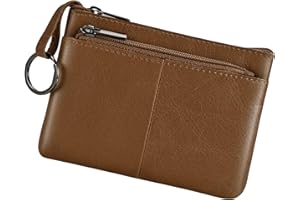 BIDPONDS Porte-monnaie en cuir véritable avec triple fermeture éclair et porte-clés, marron, Pochette à monnaie