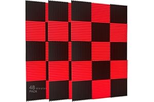 XIN&LOG Wandpaneele aus Akustikschaumstoffkeilen, 2,5 x 30,5 x 30,5 cm (1 x 12 x 12 Zoll), 48 Stück, Schallabsorption für Studios 1" x 12" x 12" schwarz / rot