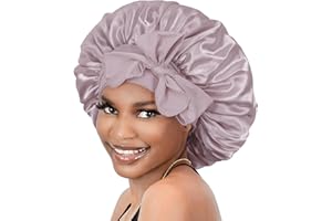 BONNET QUEEN Satin Hair Bonnet for Sleeping Silk Head Cover with Tie Band Hair Wrap Silk Sleep Cap for Curly Long Braid Tresse, Grey Rose Gold