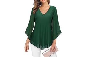 Gemulate Womens Blouse Ruffle 3/4 Sleeve Blouses for Women V Neck Chiffon Tunic Tops Double Layers Mesh Shirts