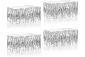 Tuxiaobu Lametta Tischrock Hawaii Deko Tischröcke, Luftschlangen Folie Fransenvorhang Lametta Vorhang Silvester Party Deko, 4 Stück 29x108 Zoll Lametta Silber