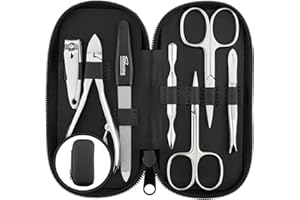 marQus set manicura de 7 piezas de Solingen - Set de manicura y pedicura en estuche de piel auténtica, 2 tijeras, cortaúñas, lima, retira-cutícula, alicate y pinza, para hombre y mujer