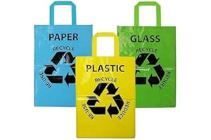 Summerlee Recycling Bags – Set of 3 Colour Coded Reusable Paper Plastic Glass Household Recycle Waste Heavy Duty Bin Sack Sorting with Strong Handles and Secure Attachments for Home Office Garden Work