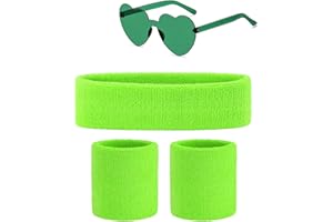 CARNAVALIFE Cinta Pelo Deporte Muñequera para Gym y Gafas de Corazon Años 80 para Disfraz Años 80 Mujer Adulto Niña, Accesorios Años 80 Color Neon, Bandas Cintas de Sudor Deportiva
