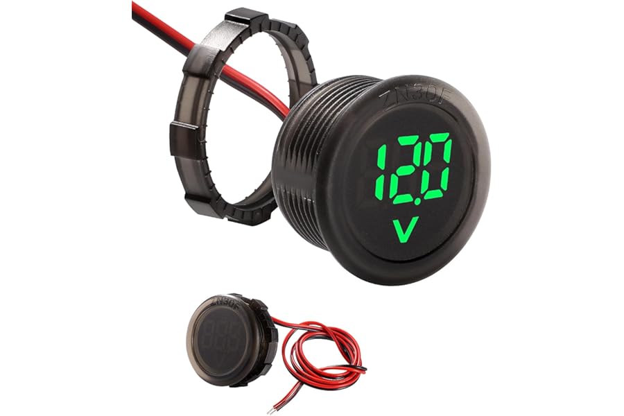 VooGenzek 5V-100V DC Car LED Digital Voltmeter Waterproof, Round 2 Wire Voltmeter Voltage Monitor Gauge Display, with Reverse Connection Protection, for Motorcycle Boat Camper Caravan, Green