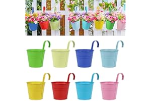 RIOGOO Flower Pots, Garden Pots Hanging Buckets Hanging Planter,Metal Flower Pots Plant Pots Home Decor - Detachable Hook (8 PCS Middle size)