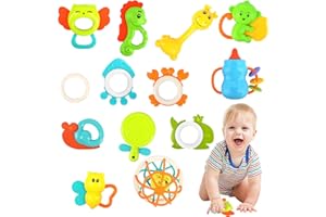 OFFCUP 13 Pack Baby Rattle Set, Newborn Baby Rattle Sensory Teether Toys, Montessori Baby Games Toddle Rattle Grasping Toy Set for Toddler 0 3 6 9 12 Month Infant Boys Girls Gift