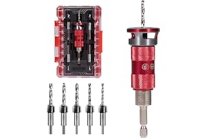 MTCHAVNO Set di 5 punte per trapano a svasatura, per legno con gambo esagonale da 1/4", svasatore con arresto di profondità, in HSS-M2, regolazione semiautomatica della scala, per lavorazione del legno