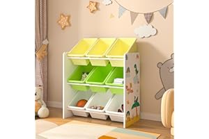 [en.casa] Muxía regał dziecięcy z 9 pojemnikami do przechowywania, regał na zabawki z motywem dinozaura, regał do zabawy, biały, zielony, żółty, organizer do pokoju dziecięcego