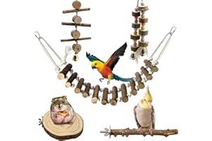 MYMULIKE Lot de 5 Jouets pour Oiseaux en Bois Naturel - Perchoir à Oiseaux - Balançoire à mâcher - Perchoir à Suspendre - Hamac d'escalade pour Perruche, Conure, Pinson, Petite Perruche