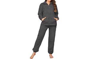 Tuopuda Pigiama Donna Invernale Pigiami Due Pezzi, Pigiama Pile da Casa con Tasche Zip Felpa Manica Lunga e Pantalone Lungo, Indumenti da Notte Sleepwear
