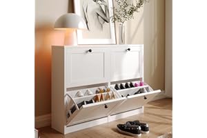 VOWNER Scarpiera Slim, Scarpiera Portascarpe in Legno, Scarpiera Ingresso, Regolabili, con 4 Ante a Ribalta e Doppia Profondita, 105x80x24 cm (LxAxP) (Bianco)