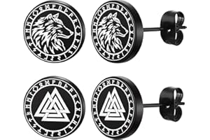FaithHeart Norse Viking Earrings Studs Stainless Steel Wolf Head/Thor Hammer/Compass/Valknut Ear Jewelllery Punk Earring Set for Men Women