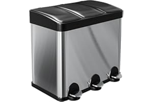 Amig - Pattumiera Tripla con Pedali 45 Litri Mod. RECIK3-3 Scomparti Estraibili da 15 Litri - Bidone per la Raccolta Differenziata da Cucina - Acciaio Inox - 60 x 37 x 49 cm - Color Argento