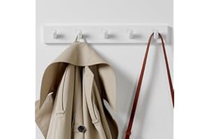 LARHN Appendiabiti da Parete Bianco - 5 Ganci - 43 cm - Attaccapanni da Muro Moderno in Legno per Ingresso, Cameretta e Bagno