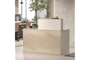 ‎CALDION Caldion Rezeptionstheke Ladentheke mit abschließbarer Schublade und Regalen, Rezeptionstheke Tisch, Rezeptionstresen für Salon Restaurant Cafe, Weiß und Eiche, 140x60x110cm