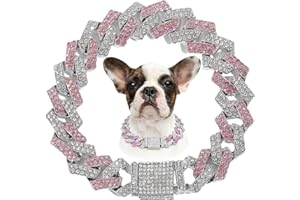 HOTLION Rose Gold Dog Chain, Diamond Cuba Link Dog Collar Metal Dog Necklace Cat Chains Pet Crystal Collars Jewelry for Small Medium Large Dogs Cats, 16-inch