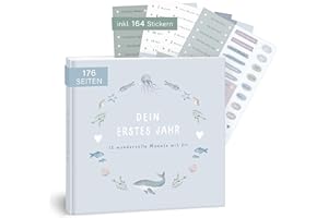 mintkind® Album fotografico per bambini "Il mio primo anno di vita" balena + set di adesivi, album fotografico fai da te, regalo per bambini per ragazze e ragazzi | libro per bambini da 0 mesi