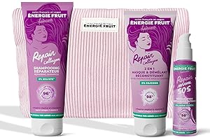 ENERGIE FRUIT - Coffret cadeaux routine capillaire cheveux abîmés - Collagène - Trio shampooing réparateur, masque reconstituant, sérum protecteur - Trousse offerte