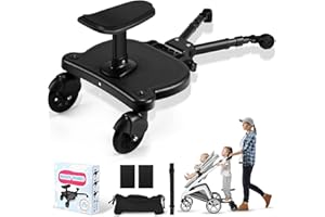JoyCushy Buggy Board with Seat, Universal Buggy Board with Pram Organiser Bag, 2-in-1 Sit and Stand Kiddy Boards for Children from 2-6 Years (Bearing 25 kg), Fits 99% of Strollers