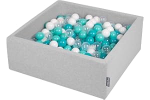 KiddyMoon 90X30cm/200 Balls ∅ 7Cm / 2.75In Square Baby Foam Ball Pit Made In EU, Light Grey:Lt Turquoise/White/Transparent/Turquois