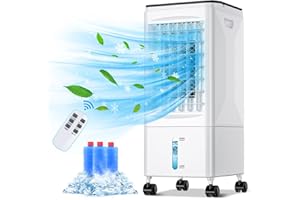 GRIKEYO Klimaanlage Mobile Klimagerät Luftkühler mit Wasserkühlung Klimaanlage Ohne Abluftschlauch 60W Ventilator Verdunstungskühler 5.5L Wassertank 7h Timer Oszillierend Mit Fernbedienung 3 Kühlakku