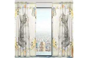 Mnsruu Lot de 2 rideaux en voile transparent doux pour chambre à coucher et salon Motif chat avec fleurs 140 x 213 cm