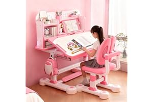 diowewea Kinderschreibtisch Set mit Bücherständer, Schüler-Schreibtisch und Stuhl, Kinderschule, Studiertisch mit Schubladenablagen, Bücherregal, Studienstuhl und Schreibtisch für Kinder (Rosa)