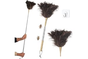 BUCOMTU Plumero de Plumas de Avestruz, Plumero Telescopico Extensible hasta 186 cm,Lavable, Antiestático, no Raya, con Mango de Bambú, para Techos, Ventiladores de Techo, Muebles, Coches y Superficies