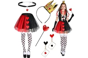BEIPEGIN 6 PCS Regina di Cuori Costume Donna, Cerchietto Corona Regina di Cuori Scettro Regina di Cuori Orecchini Collana Cuore Rosso Tutu Calze, Costume Regina di Cuori Donna per Carnevale Halloween Cosplay