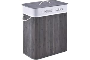 Juskys Cesto para la ropa de bambú rizado 100 litros en gris - Cubo para la ropa con tapa, asa y 2 compartimentos - Bolsa para la ropa de tela, extraíble y lavable