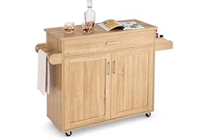 COSTWAY Carrito de Cocina Carro de Servicio Comedor con Ruedas,Toallero,Cajón, Puerta y Estantes Gabinete Mueble de Cocina (natural)