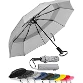 Windproof Double Deck Travel Umbrella - Tefon Coating, Ergonomic Handle and Protective Sleeve - Lightweight Compact Folding P