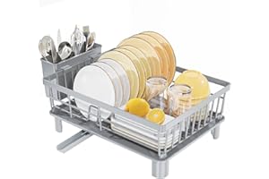LIONONLY Scolapiatti per bancone della cucina, con beccuccio di scarico girevole a 360°, scolapiatti multifunzione con scolapiatti, porta utensili, organizer da cucina, grigio