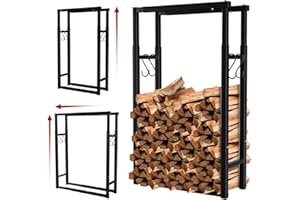 Lospitch Scaffale regolabile per legna da ardere, 9 misure, regolabile, supporto per legna da ardere con 4 ganci, supporto per legna da ardere per legna da ardere, colore nero