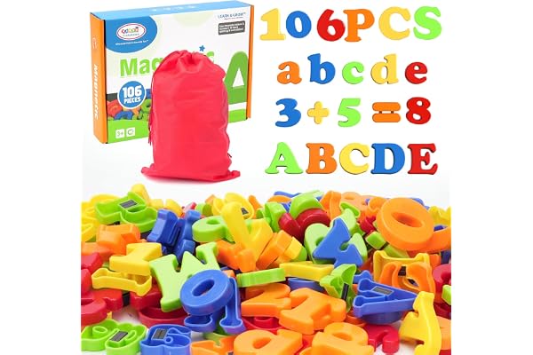 BunnyJOY 106PCS Enfants Lettres Magnétiques Chiffres, Coloré Aimants De Réfrigérateur Ensemble de Jouet Apprentissage Préscolaire de la Petite Enfance, Orthographe, Comptage Jouets Éducatifs