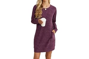 PrinStory Women Jumper Dress With Side Pockets Long Sleeve Winter Mini Dresses Casual Loose Knitted Pullover Sweater Tunic Tops Basic Dress