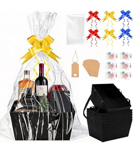Lege Geschenkmanden Van Karton - Set Van 5 Stuks - Zwart - Groot Formaat 25x21,5x9 Cm - Incl. Krimpfolie En Cadeaustrikken - Perfect Voor Kerst, Valentijn, Verjaardagen En Meer
