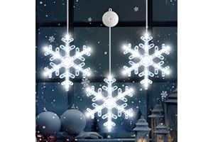 LYUBASA Timer 3Pcs Christmas Window Lights Decorations, Battery Powered Hanging White Lighted Snowflake Shaped LED Sucker for Xmas Lamp Tree Fireplace Indoor Outdoor Decor