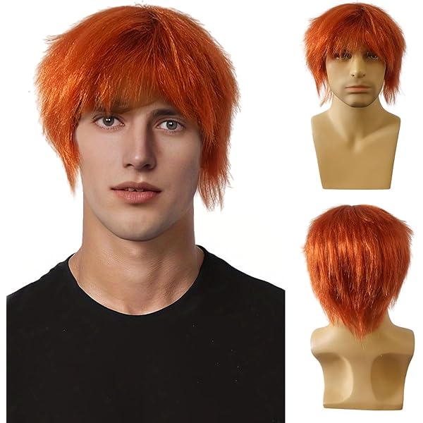 FUIPVGI Männer Perücken-Set – 4 Teile, Orange, Mit Sonnenbrille & Bart, Für Disco & Karneval