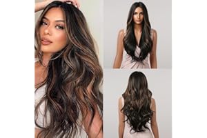 ALLBELL Lange natürliche gewellte Perücken für Frauen Mittelteil schwarz gemischt braun Körperwelle synthetische Perücke Haarersatz Weihnachtsperücken