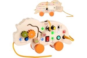 Gleamkid Montessori Busy Board, Montessori Dinosaurier Holzspielzeug, Sensorisches Holzspielzeug mit Lichtern & 4 beweglichen Rädern, Lernspielzeug Geschenke für ab 1 2 3 4 Jahre