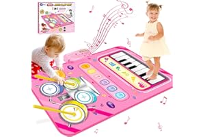 HahaGift 2 in 1 Musical Mat for 1 2 Year Old Girl Gifts, Piano Keyboard & Drum Mat with 2 Sticks for Toddlers Age 1-2, Baby Learning Toys for 1 Year Old Birthday Gifts for 1 2 3 Year Old Girls Present